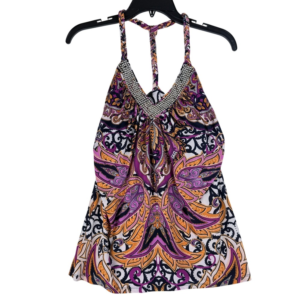 INC Halter Top Women Medium Paisley Rhinestone Embellished Boho Glam Y2k